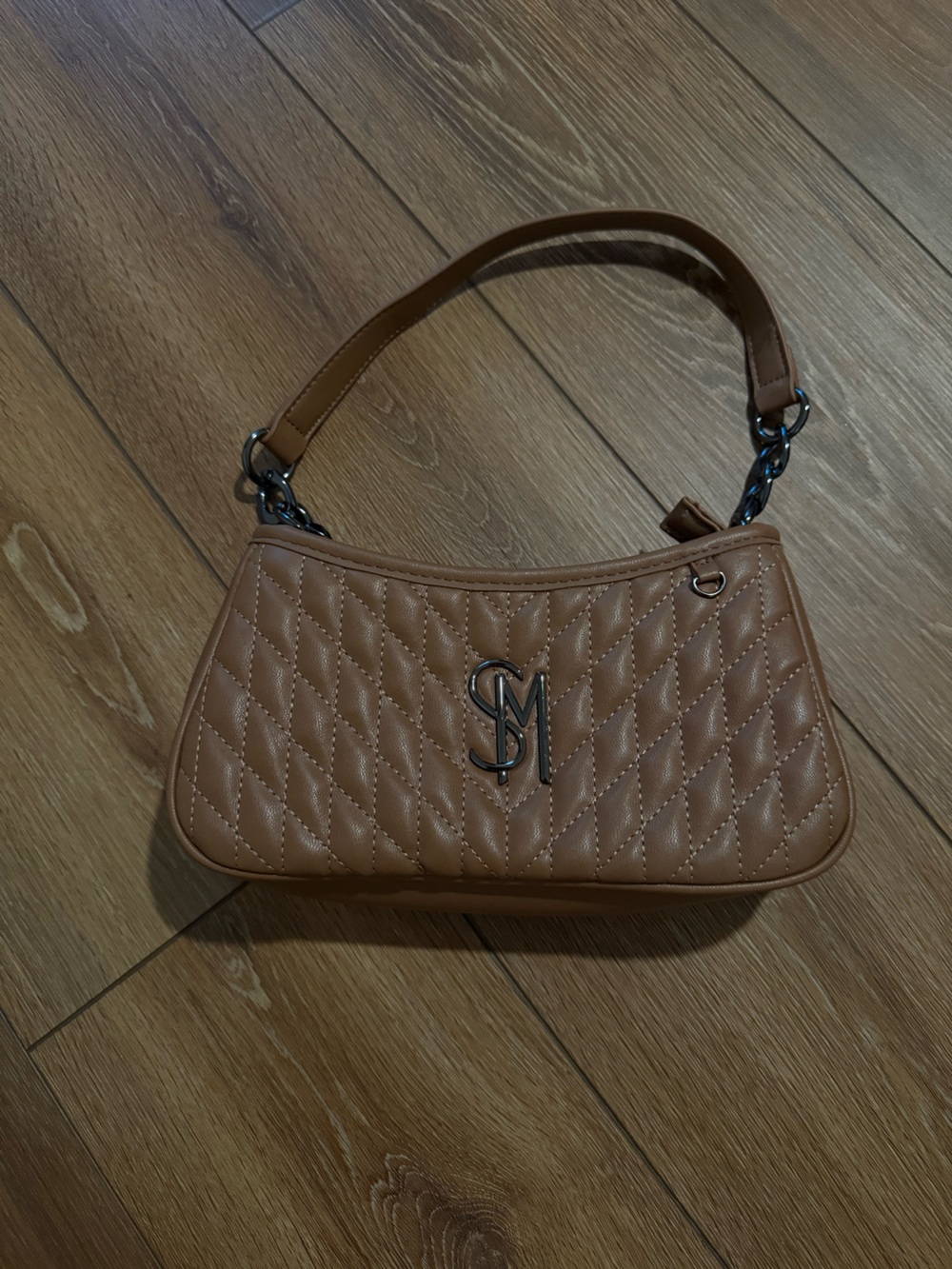 Steve Madden Quilted Tan Shoulder Bag with Chain Accent